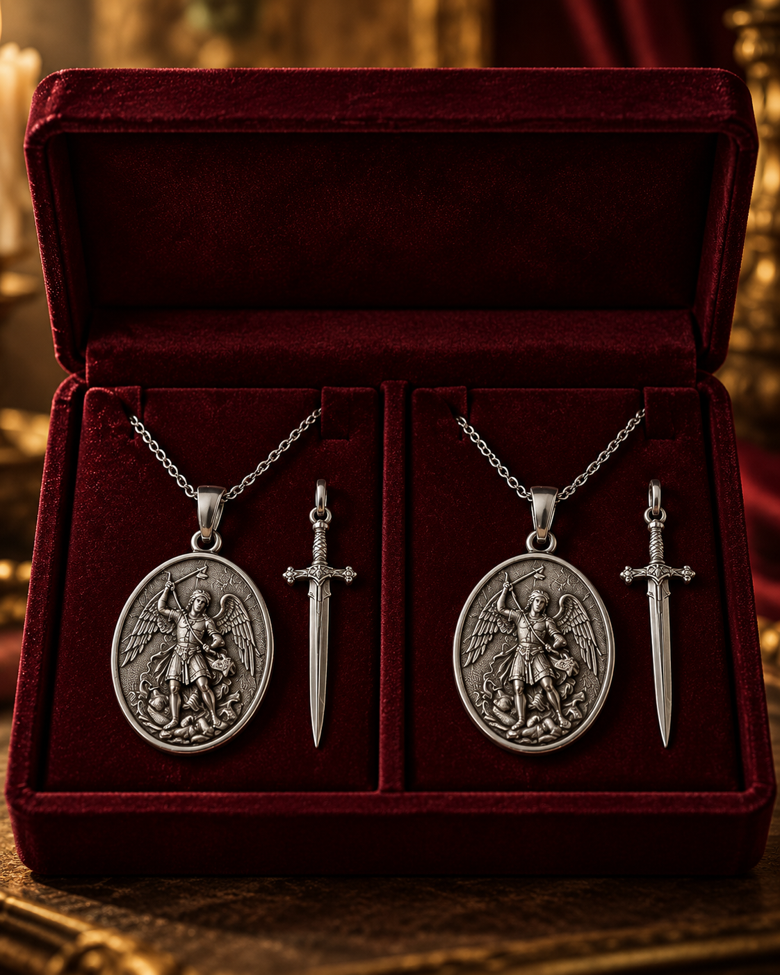 Dois conjuntos com corrente, medalha de São Miguel e pingente de espada