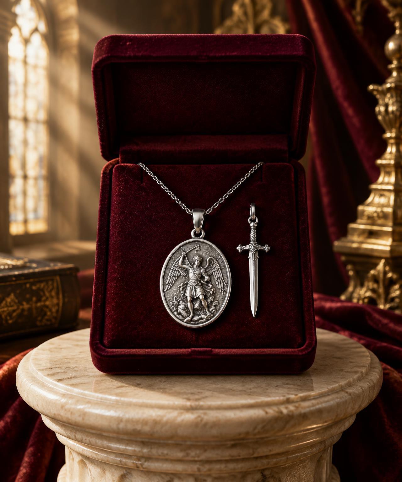 Colar de São Miguel com medalha e espada em estojo de veludo